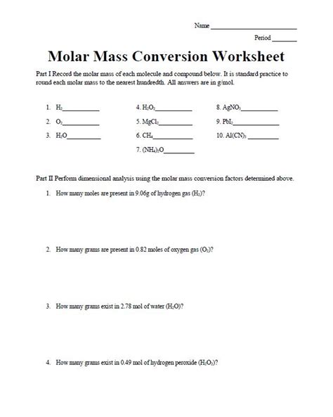 Molar Conversion Worksheet / Mole Calculation Worksheet - The sum of ...