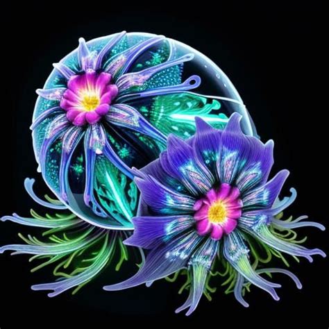 Transparent bioluminescent fractal plant creature. Luminous opalescent ...