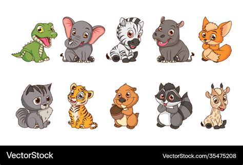 Cute ten animals babies cartoon characters Vector Image