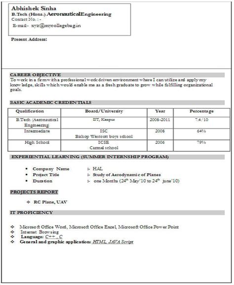 Resume Sample Format For Freshers - IMAGESEE