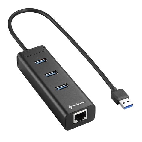 Sharkoon - 3-Port USB 3.0 Aluminium Hub + RJ 45 Ethernet Adapter