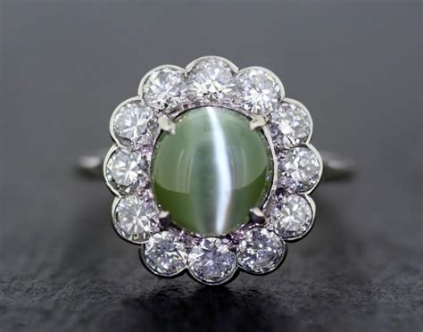 Antique Engagement Ring - Cat's Eye Chrysoberyl & Diamond Cluster Platinum Ring #2406428 - Weddbook