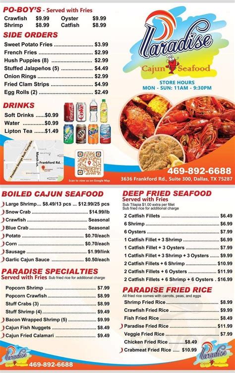 Paradise Cajun Seafood menu in Dallas, Texas, USA