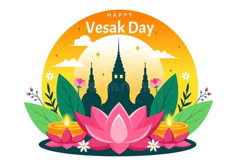 Vesak Day Celebration Vector Illustration with Temple Silhouette, Lotus ...