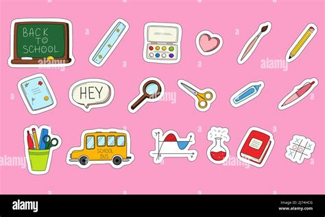 School stickers with a white outline. Printable scrapbooking sticker set. Collection of school ...