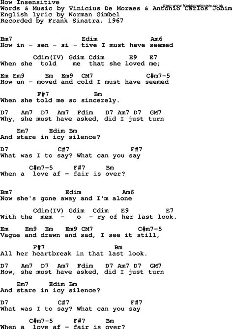 Song lyrics with guitar chords for How Insensitive - Frank Sinatra, 1967