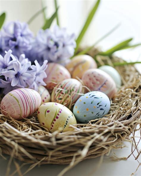 AI Generated Illustration of Easter Eggs and Flowers Adorning a Charming Nest on a Sunny ...