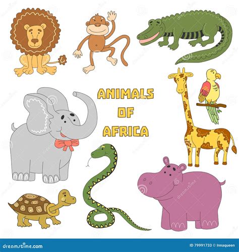 Animals Set. African Animal Collection With Crocodile, Turtle, Snake, Lion, Hippo, Elephant ...