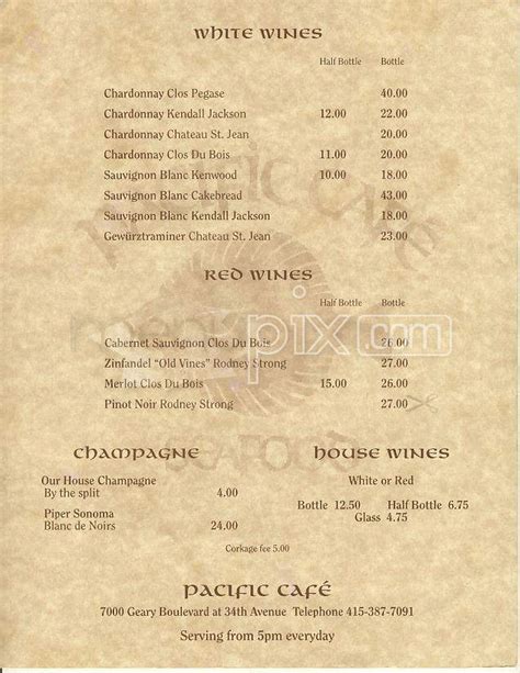 Menu of Pacific Cafe in San Francisco, CA 94121