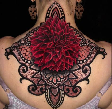 Dahlia & Mandala Ornamental Tattoo on Girls's Back & Neck | Best tattoo design ideas