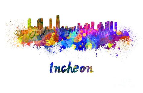 Incheon skyline in watercolor Painting by Pablo Romero