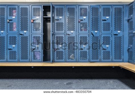 Blue Cage Lockers Gym Bench Front Stock Photo (Edit Now) 483350704