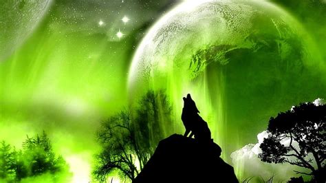 HD wallpaper: wolf, Moon, animals, fantasy art, artwork, silhouette, green color | Wallpaper Flare