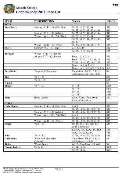 Uniform Shop 2011 Price List - Masada College