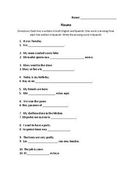 10 Spanish Nouns Worksheet and Picture Cards by Kale Speech Materials