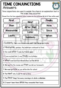 Time Conjunctions (Connectives) Worksheets by Pink Tulip Teaching Creations