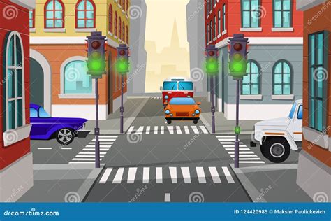 Vector Cartoon City Crossroad With Traffic Lights | CartoonDealer.com #124420985