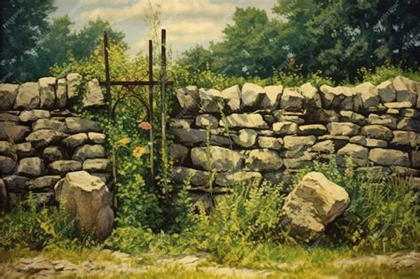 Premium Photo | A painting of a stone wall with a stone wall and flowers.