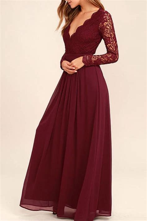 Burgundy Long Sleeves Bridesmaid Dresses, Cheap V neck Long Prom Dress – Simidress