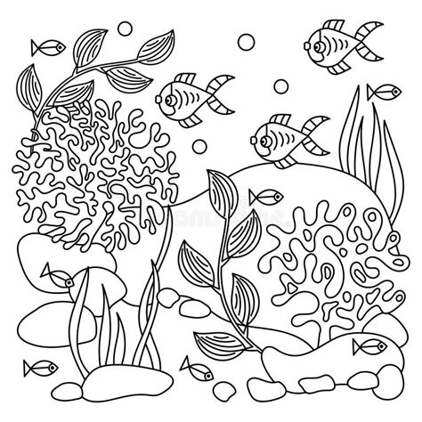 Underwater Coloring Book Page for Adult and Older Children. Fish and Coral,algae Seaweed , Under ...