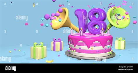 Pink birthday cake with thick purple number 18 and candles on metallic ...