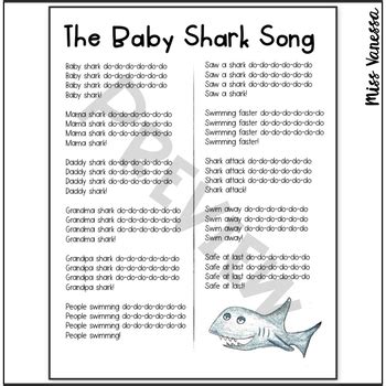 The Baby Shark Song Printable Lyrics by Miss Vanessa | TpT