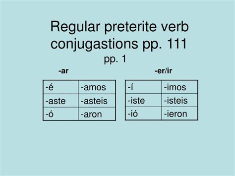 PPT - Regular preterite verb conjugastions pp. 111 PowerPoint ...