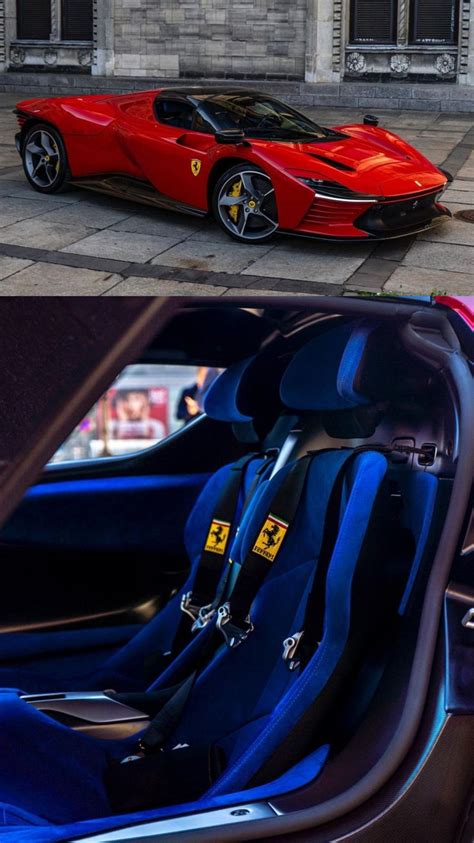 two photographs of the interior and exterior of a sports car