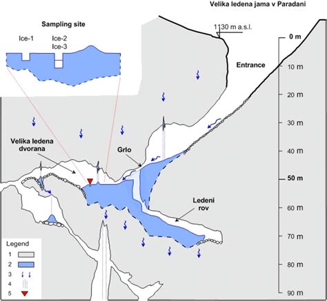 Paradana Ice Cave showing sampling site location (1-limestone, 2-ice ...