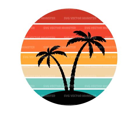 a sunset with two palm trees in front of an orange, yellow and blue background