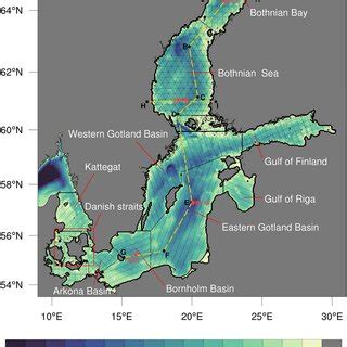 Bathymetry (in m) of the Baltic Sea and the locations of its basins ...