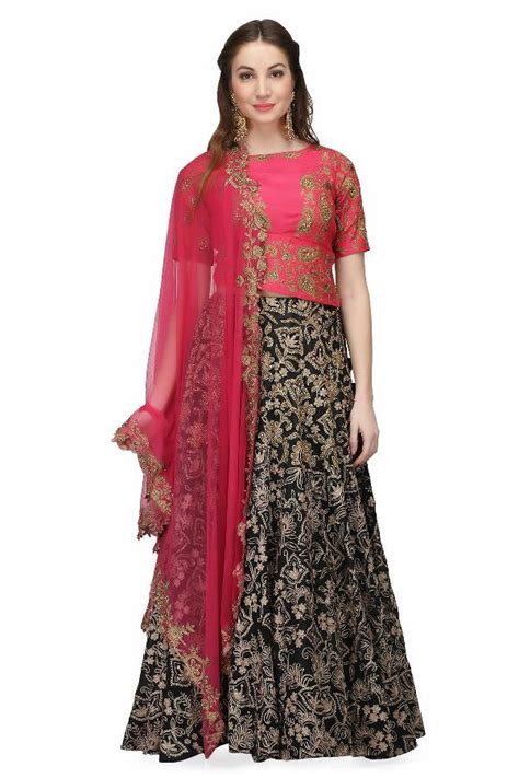 Black and Magenta Black Aari work lehenga by Ministry of Design for ...