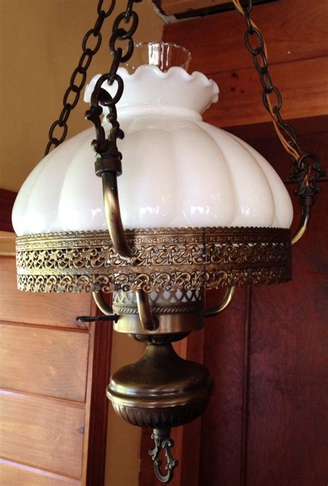 Vintage Brass Hanging Hurricane Lamp With Milk Hlass Shade | Etsy