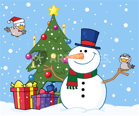 "Friendly Snowman With A Cute Birds And Christmas Tree " Drawing art prints and posters by ...