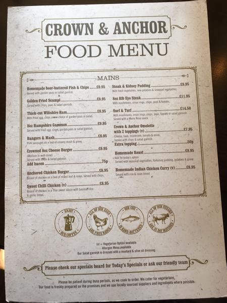 Menu at Crown & Anchor pub & bar, Winchester