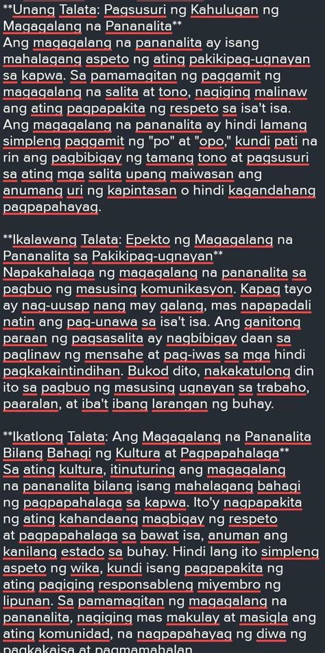 Gumawa ng sanaysay na binubuo ng tatlong talata tungkol sa paksang 'Ang Kahalgahan ng Magagalang ...