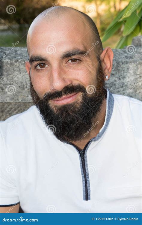 A Smiling Beard Man on Park in Summer Stock Photo - Image of bald ...