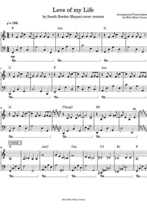 South Border - Love of My Life (piano sheet music) Sheet by Mel's Music Corner