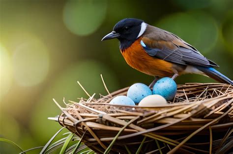 Premium Photo | A bird sits on a nest with eggs.