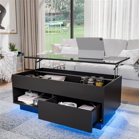 SYNGAR LED Coffee Table with 4 Storage Sliding Drawers and Open Shelves ...