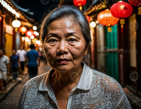 photo of senior old woman in china local street market at night, generative AI 34920262 Stock ...