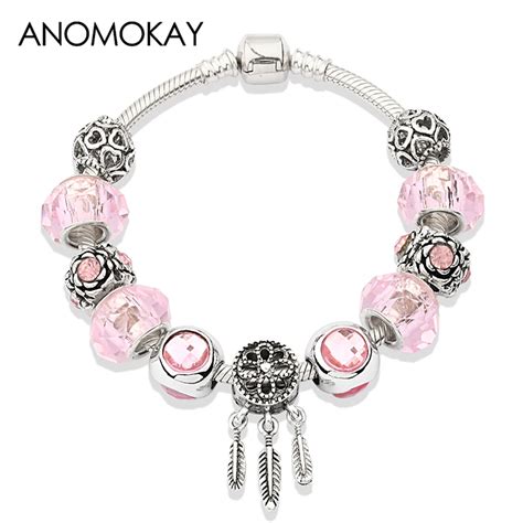 Anomokay Cute Pink Crystal Pandora Charm Bracelet & Bangle Antique ...