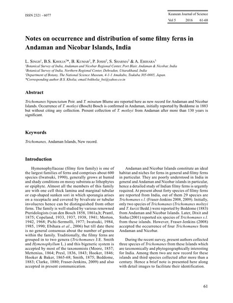 (PDF) Notes on occurrence and distribution of some filmy ferns in Andaman and Nicobar Islands, India