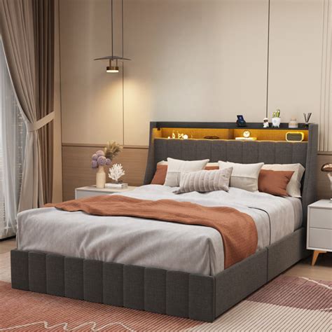 Ivy Bronx Kazier Dark Grey Bed Frame with LED, 4 Under-bed Storage ...