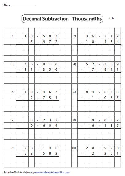 Grid subtraction - thousandths | Subtracting decimals, Decimals ...