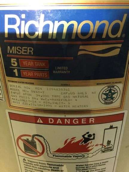 Richmond 40 Gallon Hot Water Heater Model 5V40-7 - Sherwood Auctions