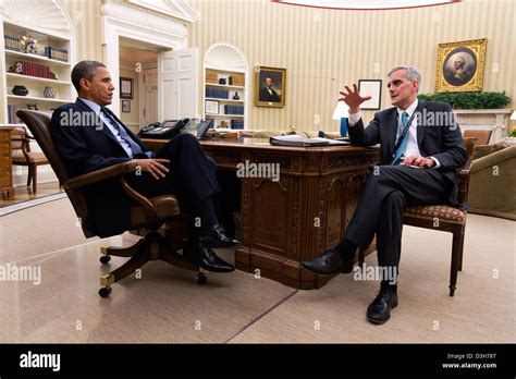 US President Barack Obama meets with Chief of Staff Denis McDonough in the Oval Office of the ...