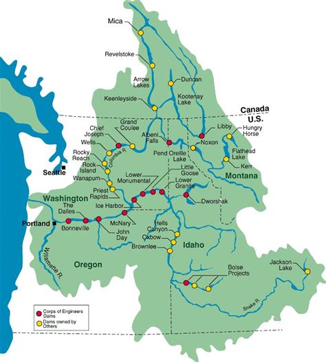 Simple map of the Columbia River Watershed, showing the location of all the major dams in the ...