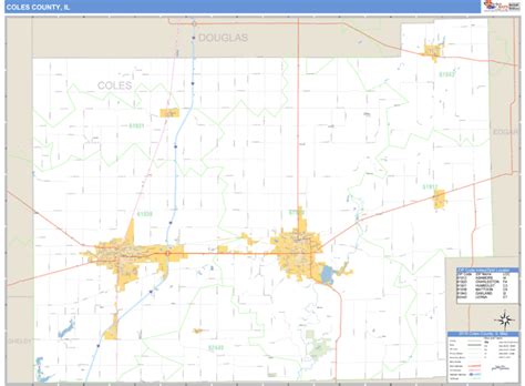 Coles County, Illinois Zip Code Wall Map | Maps.com.com