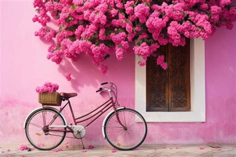 Premium AI Image | bicycle with pink flowers on the wall